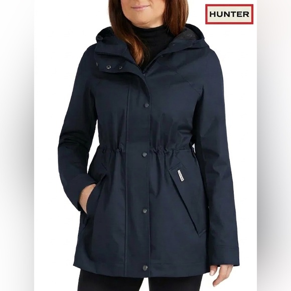 Hunter Jackets & Blazers - Hunter Cotton Smock Jacket Navy Water Resistant Hooded Women’s XS Mid-Length